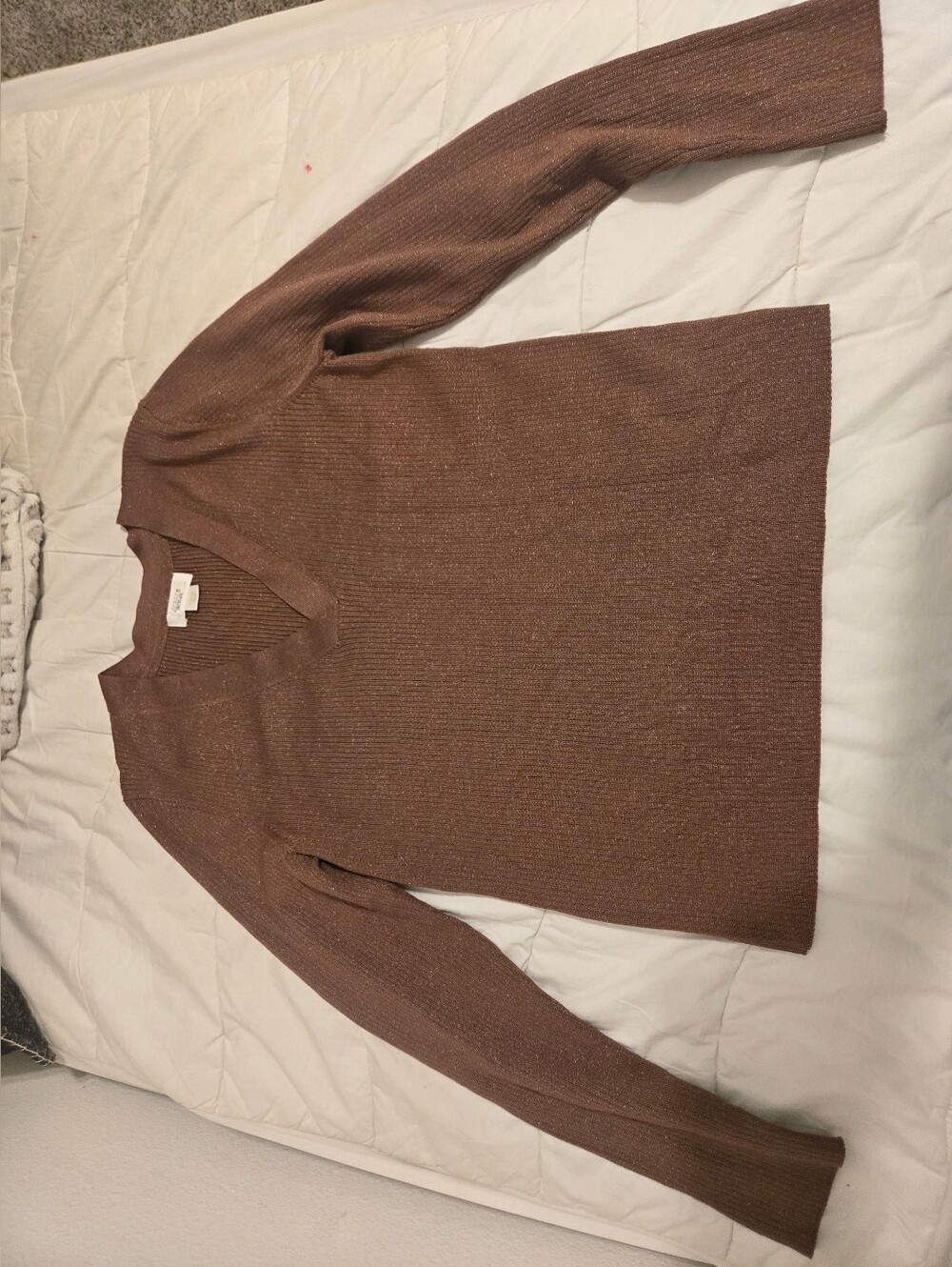 Anthropologie Women's Chocolate Metallic Ribbed V-Neck Sweater - Picture 1 of 8